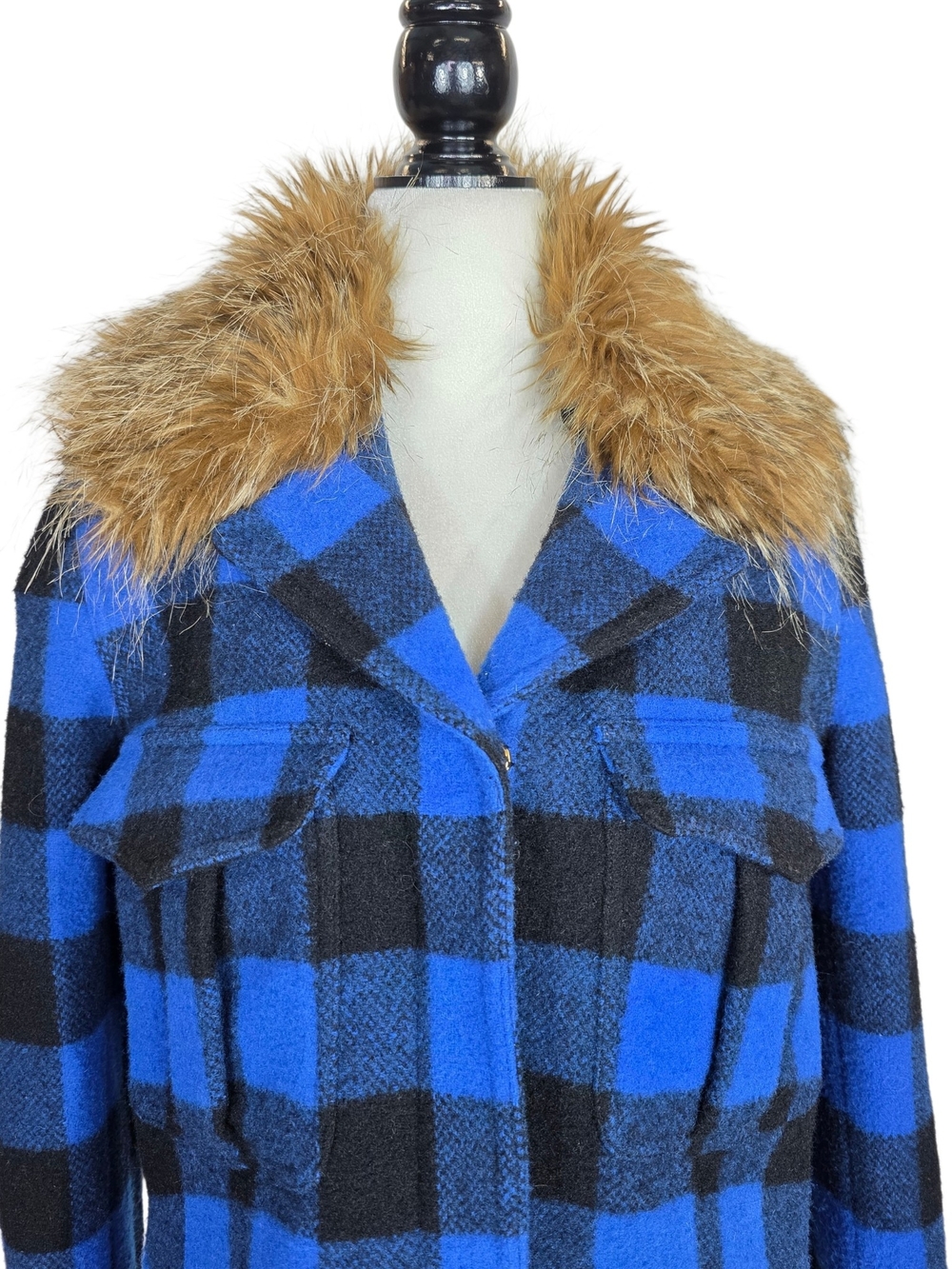 Smythe Wool Black & Electric Blue Buffalo Checks barn jacket with Faux Fur Trim - Picture 3 of 16